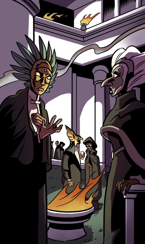 LAVENDER JACK!! Our titular hero infiltrates a secret society masquerade, where he runs into a few familiar faces -- so to speak ??

Free to attend, masked or un, over on #webtoon: https://t.co/fXNNOlrrdn

W/A/L: Dan Schkade
C: @jemale
E: @ladybb_re 