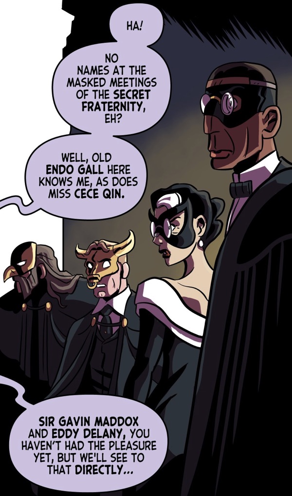 LAVENDER JACK!! Our titular hero infiltrates a secret society masquerade, where he runs into a few familiar faces -- so to speak ??

Free to attend, masked or un, over on #webtoon: https://t.co/fXNNOlrrdn

W/A/L: Dan Schkade
C: @jemale
E: @ladybb_re 