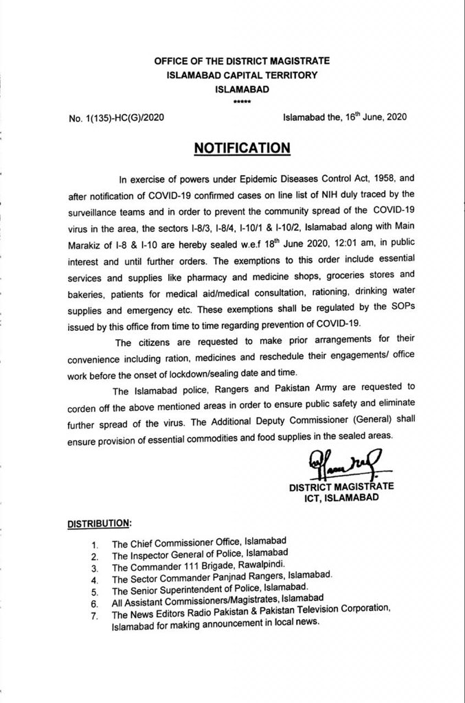 dcislamabad's tweet photo. Notification for sealing for Sector I-8/3, I-8/4, I-10/2, I-10/1 along with the commercial areas issued. It will be enforced on 18th June. https://t.co/6PDcuz6UUb