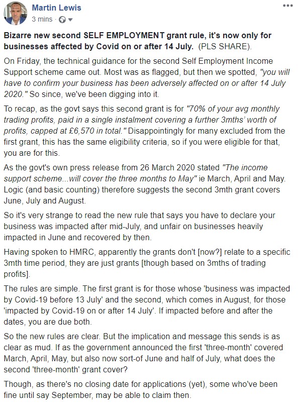 MartinSLewis's tweet image. CONFIRMED: The 2nd self employment grant, is only for businesses affected by Covid on or after 14 July.  

Frankly this is bizarre, as I explain below, it&apos;s also important so please share with anyone who may be impacted...