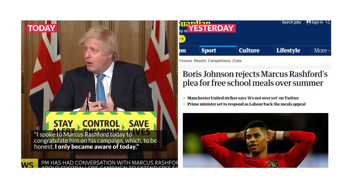 DrRosena's tweet photo. What Boris Johnson said just now at the press conference doesn't corroborate what actually happened yesterday.

He knew about Marcus Rashford's campaign yesterday because he rejected it. He caved because of the outpouring of public pressure. https://t.co/0d58vlVfMt