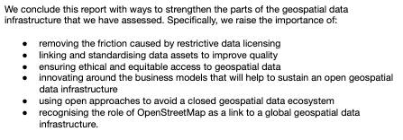 Our resulting report on opportunities and challenges for the UK's geospatial data infrastructure, in particular highlights global trends including the geospatial data held by the private sector and the amazing open resource that is OpenStreetMap. 5/19  https://theodi.org/project/rd-unlocking-the-potential-of-open-geospatial-data-and-technology-in-the-uk/