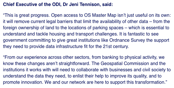 The Geospatial Commission was announced in November 2017 alongside a commitment to open up the UK's geospatial data infrastructure. At the time, we  @ODIHQ noted that changing the UK's approach to maintaining geospatial data would be difficult. 2/19  https://theodi.org/article/autumn-budget-the-odi-welcomes-measures-to-open-up-land-data-citizens-companies-and-services-to-benefit/