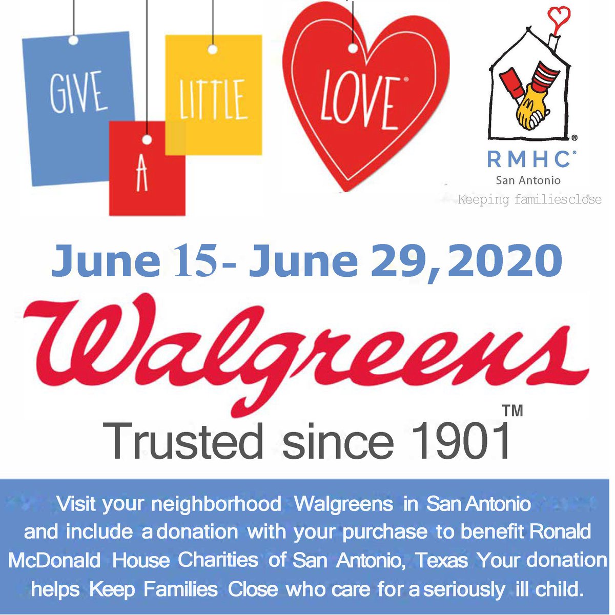 SARMHC's tweet photo. From June 15 - June 29th, when you make a purchase at @Walgreens you can #RoundUp to benefit Ronald McDonald House Charities of San Antonio. Thank you for helping us #KeepFamiliesClose. - Please share and help us increase awareness.

#RMHCSA #GiveALittleLove https://t.co/PsoE9WksTw
