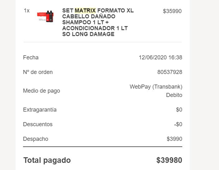 R3SM3's tweet photo. @RipleyChile con mi señora compramos un shampoo y acondicionador Matrix ROJO de un litro cada uno a 35990 y llegó un producto que no corresponde a lo comprado.     Y menos en el precio.  Pague 39.990 por un producto que jamas llegó. @RipleyChile @SERNAC qué hacemos ahora?? https://t.co/sC0IqAeYvc