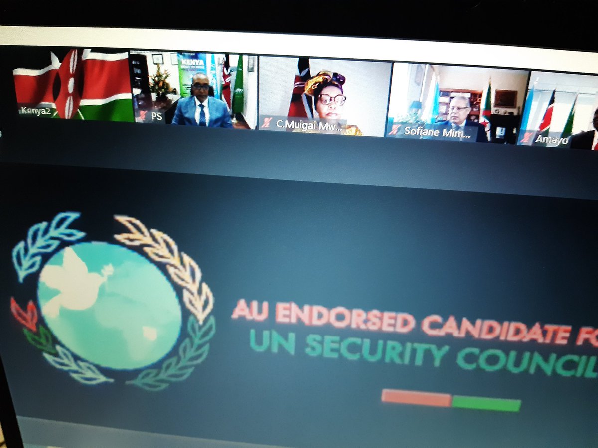 ForeignOfficeKE's tweet photo. Happening now: Virtual Reception to wrap up the official Kenya’s Campaign for the UNSC seat 2021-2022 whose elections will be held by Member States tomorrow June 16.
@UNSC #Kenya4UNSC2021 #KenyaReadytoserve #Kenya4UNSC #dependablepartner #FromKenyatotheWorld #Kenya4UNSC https://t.co/bhtNdmybWe