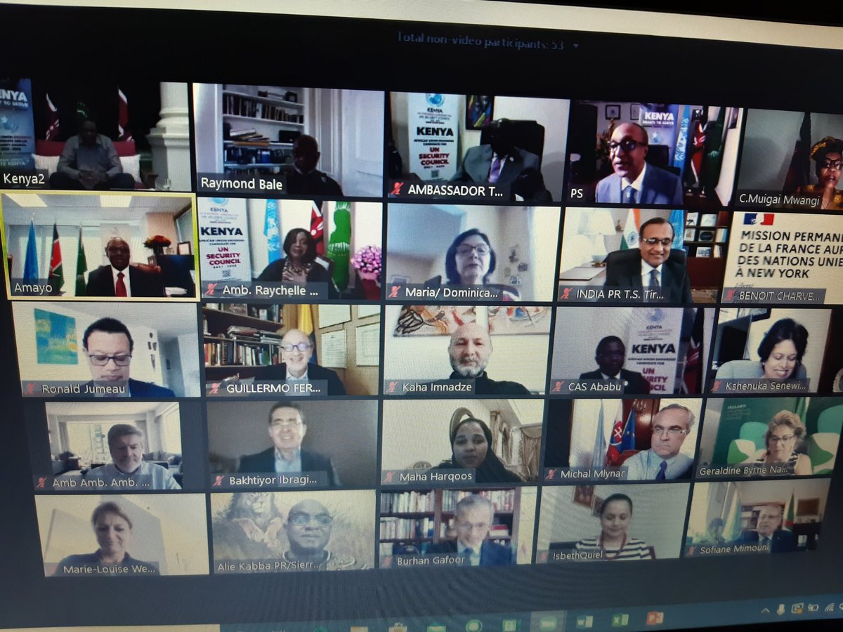 ForeignOfficeKE's tweet photo. Happening now: Virtual Reception to wrap up the official Kenya’s Campaign for the UNSC seat 2021-2022 whose elections will be held by Member States tomorrow June 16.
@UNSC #Kenya4UNSC2021 #KenyaReadytoserve #Kenya4UNSC #dependablepartner #FromKenyatotheWorld #Kenya4UNSC https://t.co/bhtNdmybWe