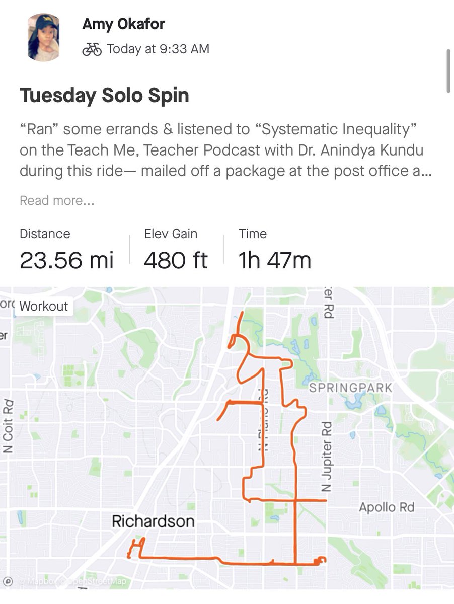 amyonyendu's tweet photo. Miles + Podcasts this morning. ☀️

“Systematic Inequality Pt. 1” w/ Dr. @KunduPhD. The discussion was over #systematicinequality &amp; how it affects our communities, students, &amp; what educators can do about it.

#JuneCycling #RoadCycling #BGDR #MilesandPodcast #ErrandsComplete #Kundu https://t.co/mExW7RU22o