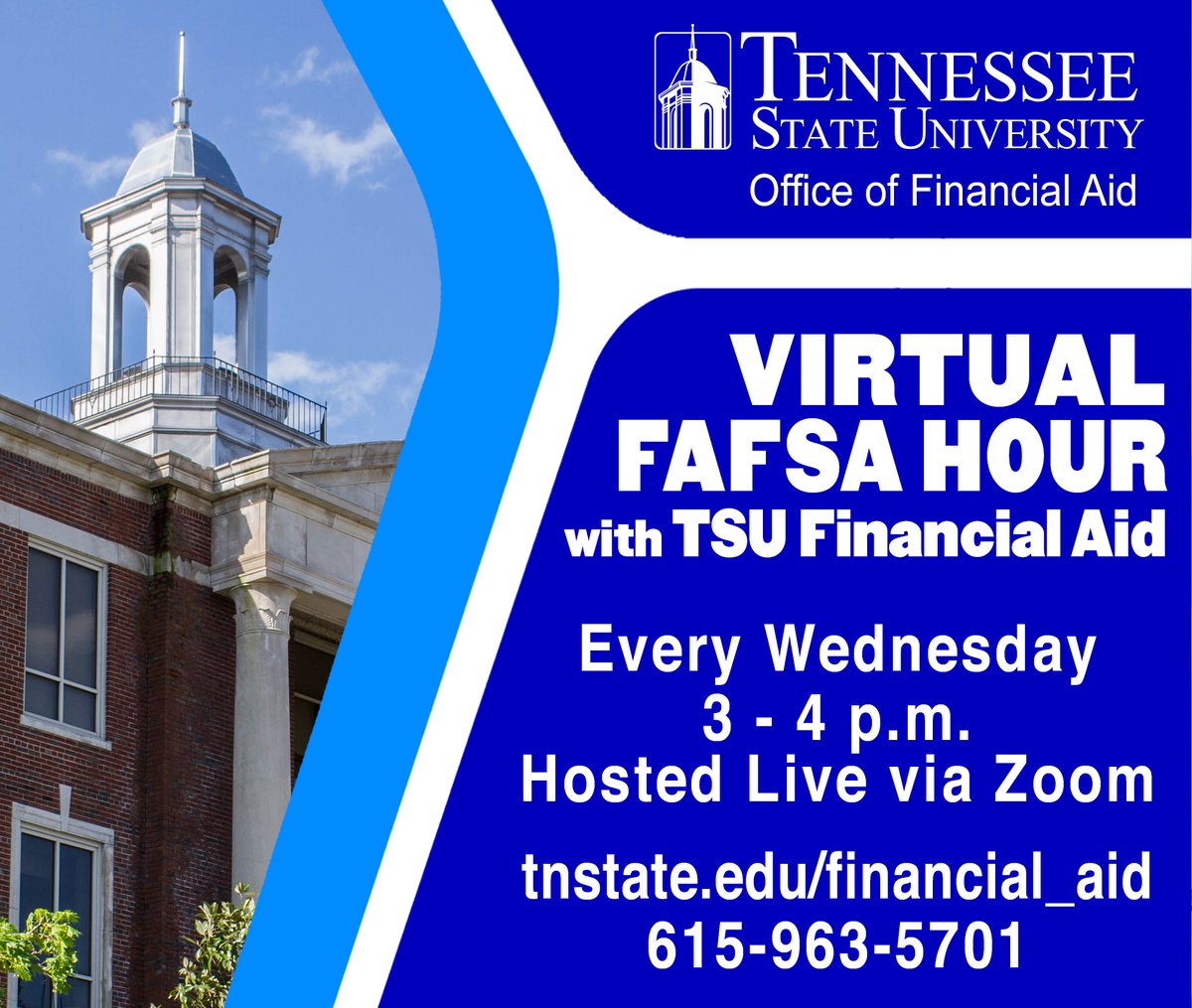 TSUAdmissions's tweet photo. Join us every Wednesday from 3-4 PM for our Virtual FAFSA Hour to secure your bag at TSU! To attend visit https://t.co/gqGNyJGTWv https://t.co/OCawmc6dTR