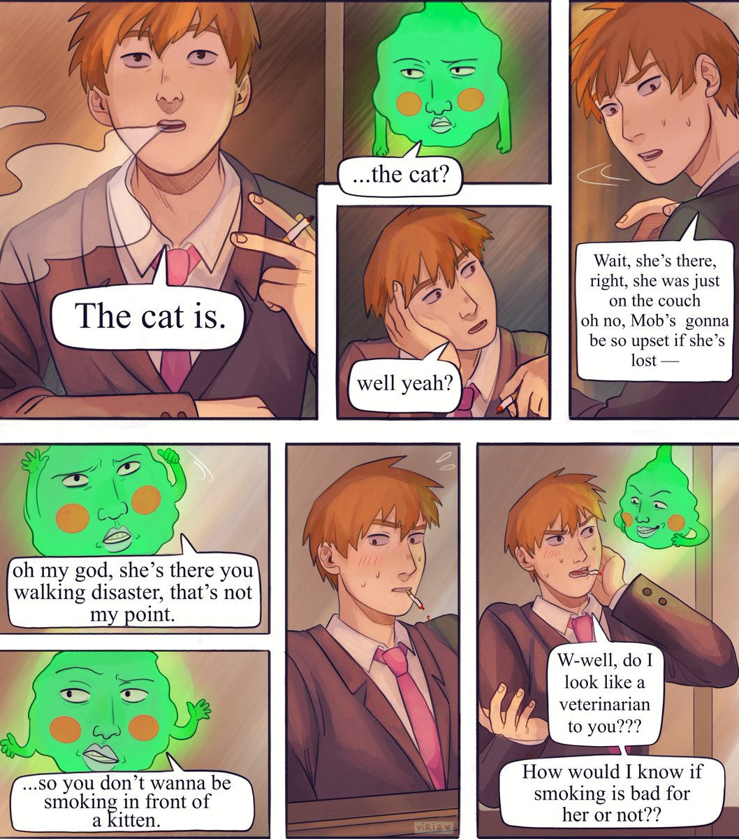I was talking about the kitten AU with my friend @TrianaNero , and she decided it was okay to just dump this dialogue on me without any warning whatsoever, so of course I had to draw it??

#reigenarataka #dimple #mobpsycho100 #mp100 