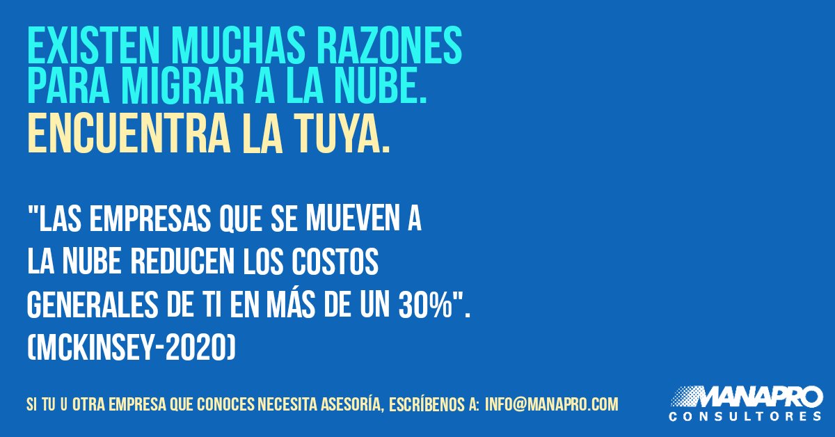 Manapro's tweet photo. No hay una repuesta definitiva frente a la adopción de la #nube. Cada empresa tiene sus propias necesidades, sus debilidades y fortalezas. Analizar detalladamente el estado de la organización frente a esta posibilidad, es la clave para avanzar hacia Microsoft #Azure. https://t.co/UtWQuVBl5i