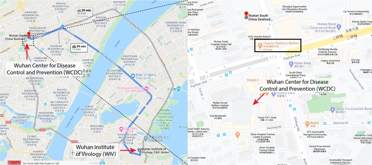 12/n These institutes are located remarkably close to the Huanan market, particularly the WCDC. The location of this research center seems to have been removed from Google Maps, but I indicate here where the buildings were previously designated: