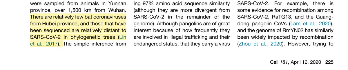 15/n Surveillance of bat viruses is centered in Wuhan but they rarely collect samples there. Why? Bats are less prevalent in Hubei province and coronaviruses less frequent in this population. Instead they collect in the Southern provinces of Yunnan, Guizhou, Guangxi and Guangdong