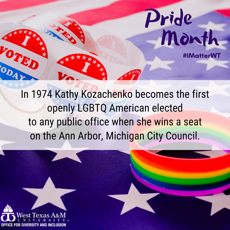 WT_OEC's tweet photo. In 1974 Kathy Kozachenko becomes the first openly LGBTQ American elected to any public office when she wins a seat on the Ann Arbor, Michigan City Council. #IMatterWT https://t.co/gEQ5EdLILq