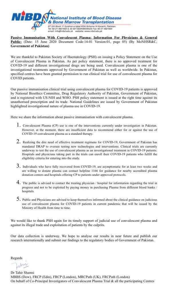 salmanbelieve's tweet photo. #COVID19 👉Passive Immunisation with Convalescent Plasma : 
Read &amp; Share... 👇🏿
Information for Physicians &amp; Genral Public.
“ Dr Tahir Shamsi “ 
National Institute of Blood 🩸 
Disease &amp; Bone Marrow Transplantation ( #NIBD ) 
#Pakistan 🇵🇰 
#DonateYourPlasma https://t.co/hRtRjFSdSq