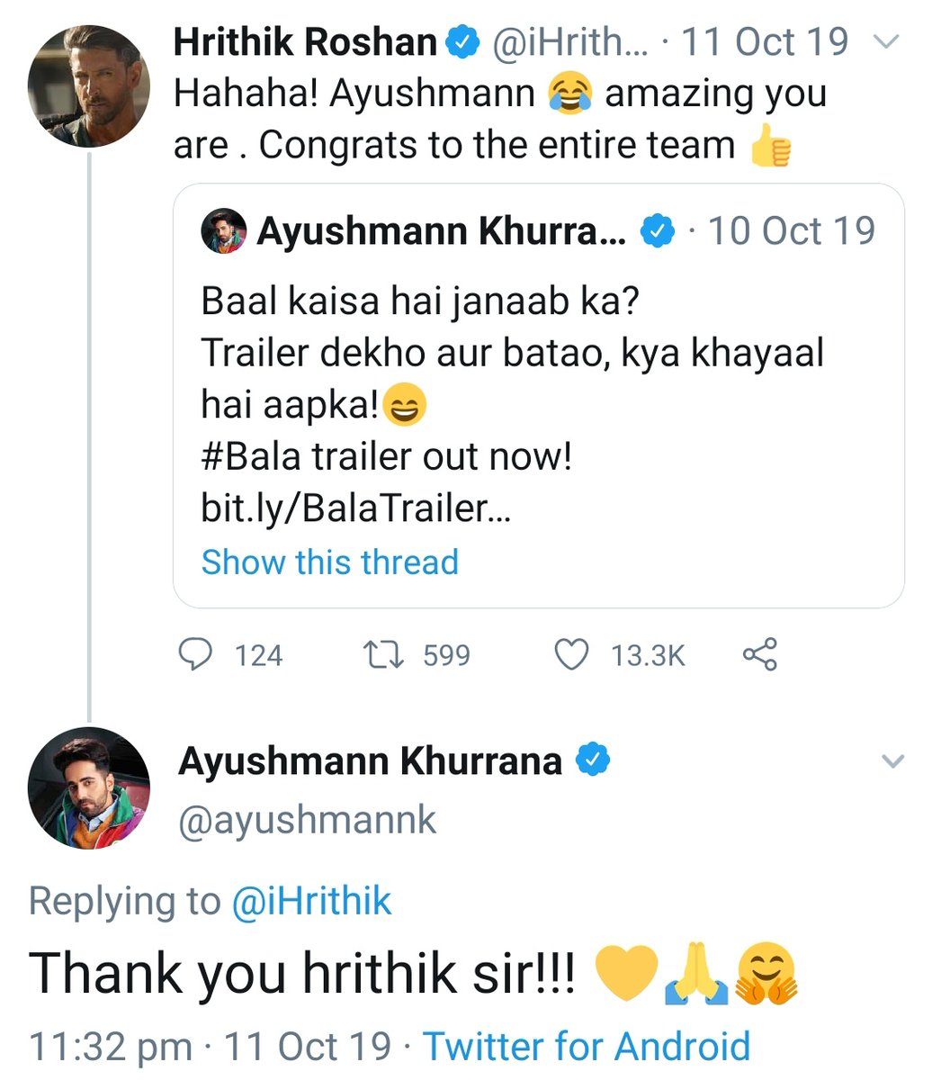  #HrithikRoshan is always the first one to teach out & appreciate a good piece of work. Since a monster made it nepotism v/s outsiders.This is for those who are believing the monster again.  #Hrithik appreciating  #AyushmannKhurrana & the entire team of  #Bala