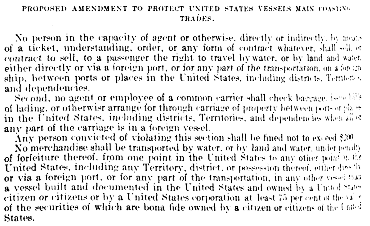 On February 20, 1920 William L. Clark of the Pacific Steamship Company testified before a hearing chaired by Sen. Jones where he complained about this competition from Canada. To head this off Clark proposed the following amendment to U.S. coastwise laws:  https://babel.hathitrust.org/cgi/pt?id=uc1.b3475999&view=1up&seq=1462&q1=clark