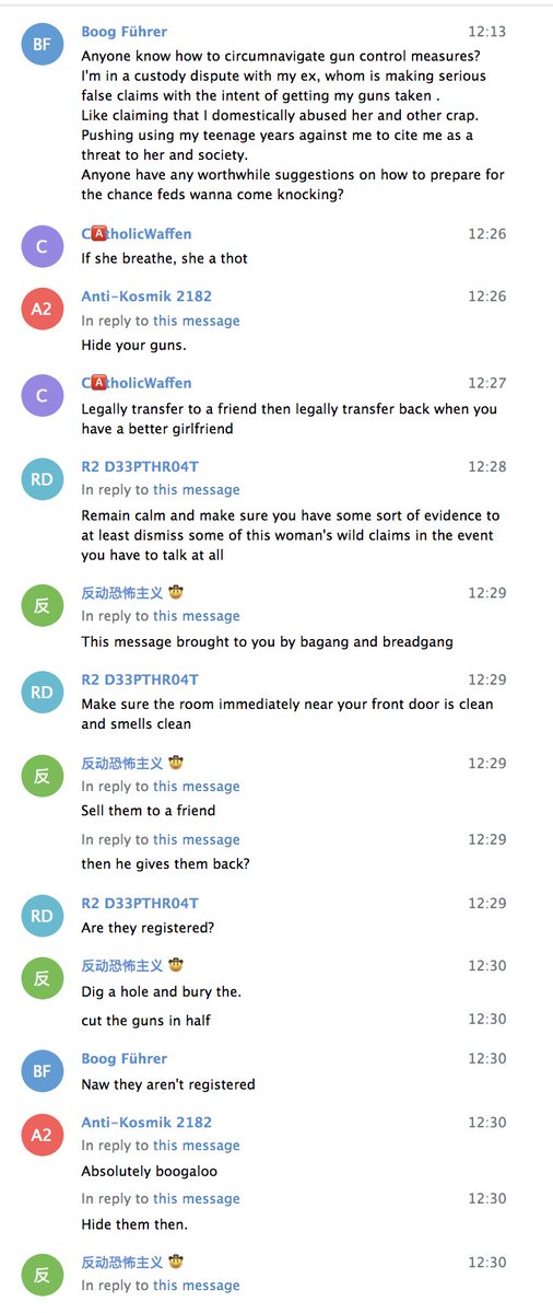 Here's Sean freaking out in September of last year, because his ex is quite reasonably citing his apparent history of violence and Nazi fanaticism in a custody dispute.He's afraid feds will come for his guns, & he's asking them to abet him in conspiring to illegally hide them.