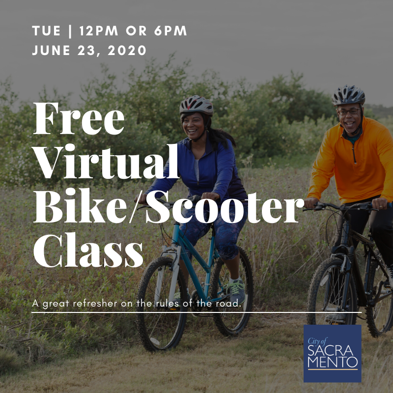 TheCityofSac's tweet photo. The City of Sacramento is taking our FREE Urban Bike and Scooting class virtual on June 23!

• Register here for the 12 to 1 p.m. class: https://t.co/tnyPPXzlSs

• Register here for the 6 to 7 p.m. class: https://t.co/ZLCkax8vzj https://t.co/axeEZvrcCu