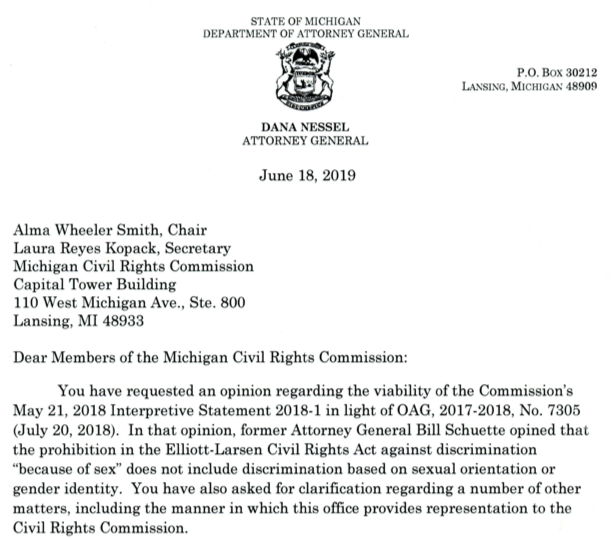 Attorney General Nessel opted not to revisit the substance of Opinion No. 7305, citing the Attorney General's longstanding policy of declining to provide opinions with respect to issues that are pending in litigation:  https://www.michigan.gov/documents/ag/Civil_Rights_Commission_-_Info_ltr_signed_658379_7.pdf 12/18