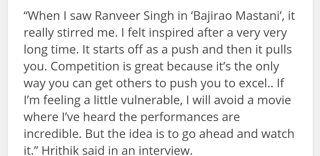  #HrithikRoshan is a man minus ego. He calls himself "aspiring actor". He doesnot see it as senior-junior or insider outsider. It is sad that we have to bring up all these in today's time. It is sad to see people are so gullbile. Here's  #Hrithik appreciating  #RanveerSingh