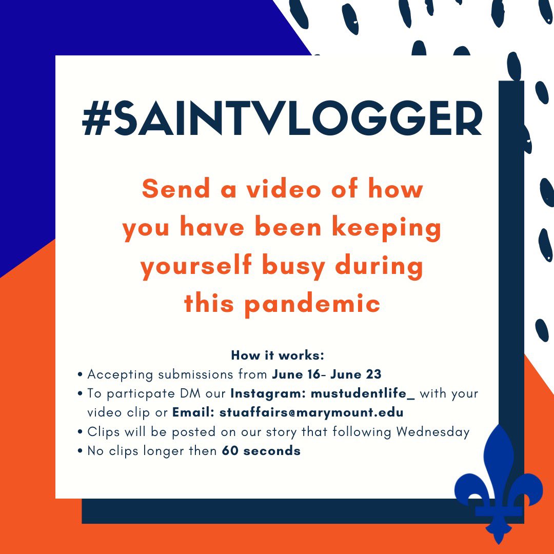 MUStudentLife_'s tweet photo. Calling out to all of our vloggers! I think everyone can relate when we say that our lifestyles have seen some changes recently. We'd like to take a peek inside your life and see what you've been up to! Submissions will be accepted between June 16 - 23. Saints, cue the vlogs! https://t.co/MME6hPVYiY