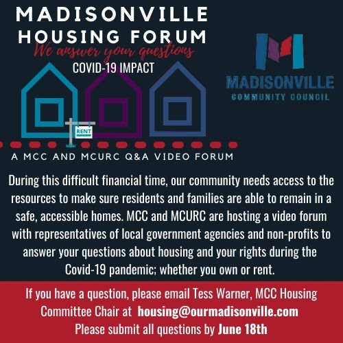MCURC (@mcurc) on Twitter photo We'll be asking housing experts your questions on this virtual housing forum. Email your eviction and foreclosure questions to housing@ourmadisonville.com and our panelists will respond in a recorded event which we'll share next week #Madisonville #MadisonvilleOH #Cincinnati We'll be asking housing experts your questions on this virtual housing forum. Email your eviction and foreclosure questions to housing@ourmadisonville.com and our panelists will respond in a recorded event which we'll share next week #Madisonville #MadisonvilleOH #Cincinnati