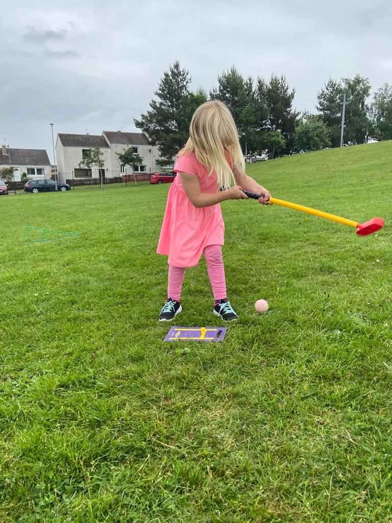 LhanbrydeH's tweet photo. Lhanbryde's brand new temporary nine hole golf course being tested out by these keen youngsters! https://t.co/7WoVSZKdZA