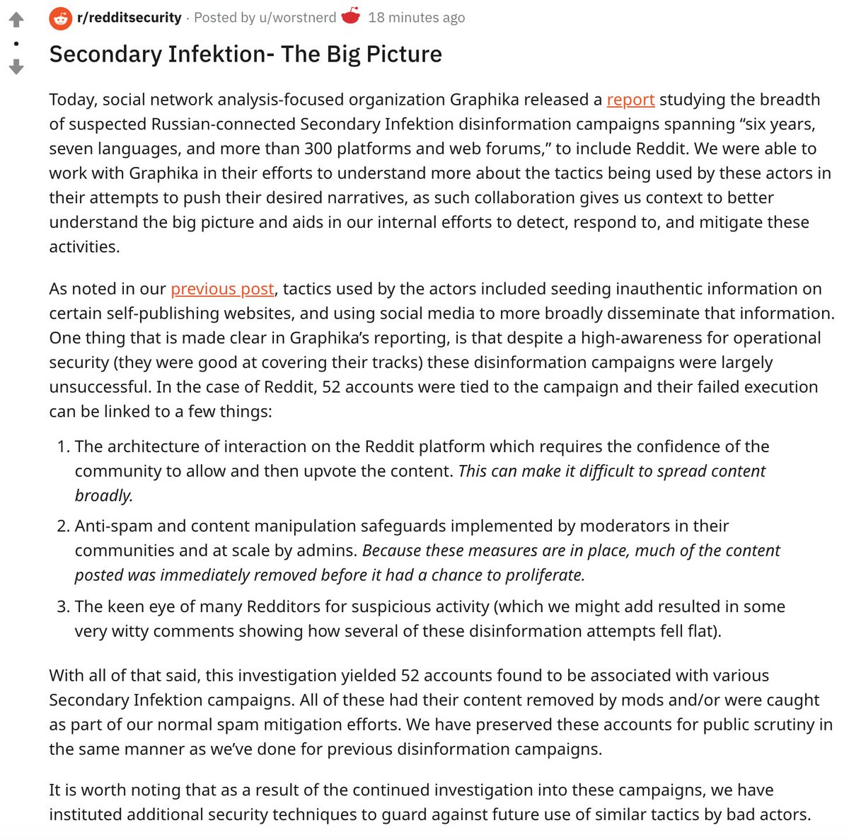  And now up, a statement from the  @reddit security team about our joint work on Secondary Infektion. Love the statement's name: "Secondary Infektion- The Big Picture". https://reddit.com/r/redditsecurity/comments/ha885d/secondary_infektion_the_big_picture/