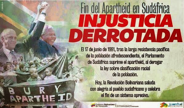 #17Jun. de 1991, el Parlamento de Sudáfrica suprimió el régimen del Apartheid, que marcó un antes y un después en la historia de la nación africana. El apartheid fue un sistema impulsado e institucionalizado por descendientes de los antiguos colonos holandeses...
 @ MPPEDUCACION