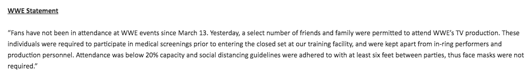 NEW: Multiple fans in attendance at Monday's  #WWE tapings tell me they were NOT told they couldn't wear masks. Several reports in the last 24 hours have indicated they were told they couldn't wear them. WWE has released the following statement to me and  @MyNews13 on the matter: