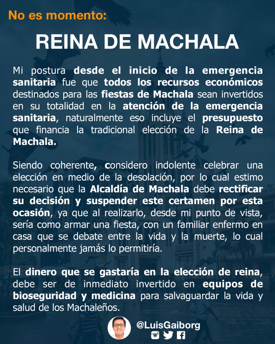 luisgaiborg's tweet photo. #No es el momento para realizar la elección de #ReinaDeMachala. https://t.co/S6qIN1Gkyc