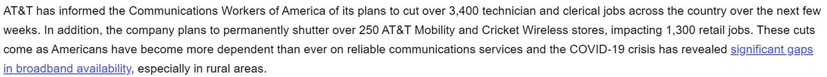 Unions say AT&T has informed them that the company will be laying off another 3,400 employees over the next few weeks.For those playing along at home, that's 41,000 job cuts since Trump gave AT&T a $42 billion tax cut in 2017.
