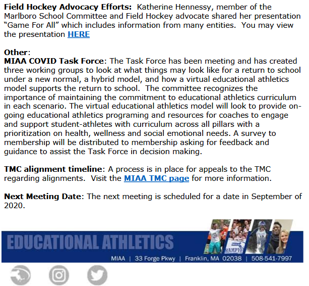 MIAA033's tweet photo. Read highlights from the recent @MIAA033 Field Hockey Committee Meeting on June 15th

Live link here: https://t.co/v7laE3SNwD

@sbryantMIAA @mairery13 @MSSADA8 https://t.co/TtK32apzgJ