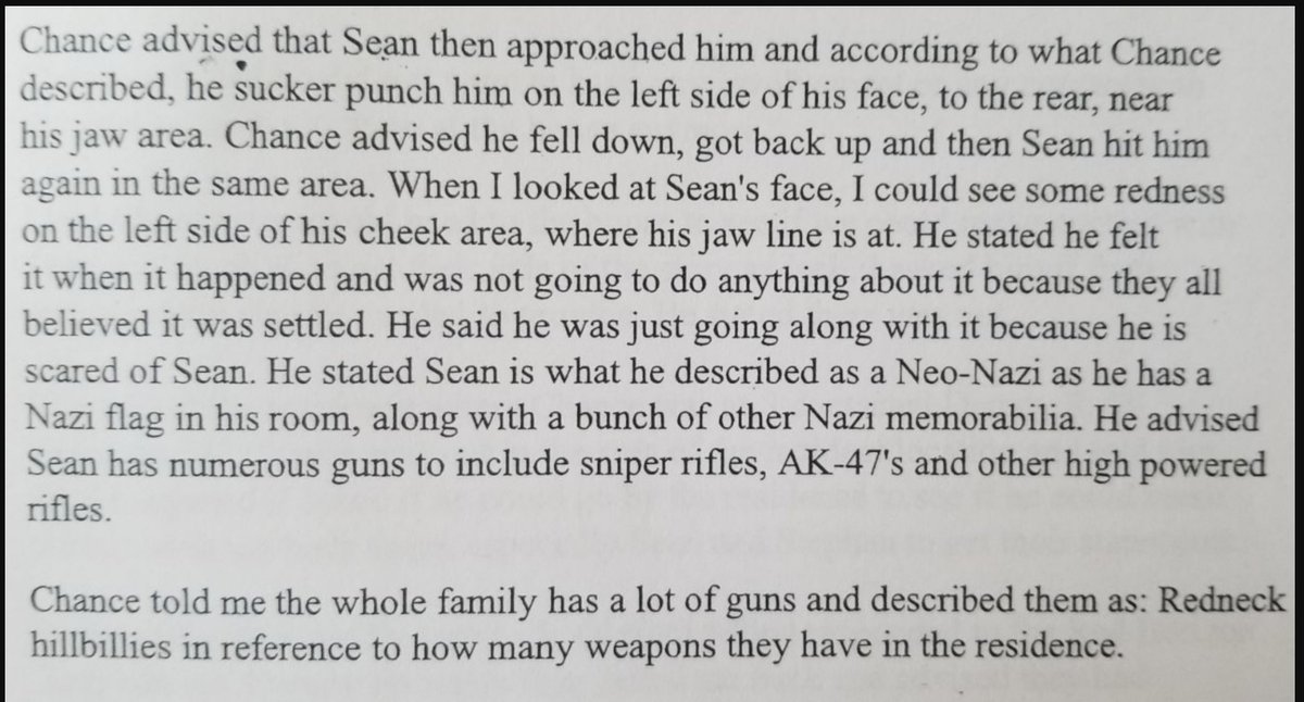 Sean shares another document because it specifically references his gun ownership, and it too describes Sean engaging in physical violence against others, this time apparently more recently.The range of firearms described as being in Sean's possession is terrifying.