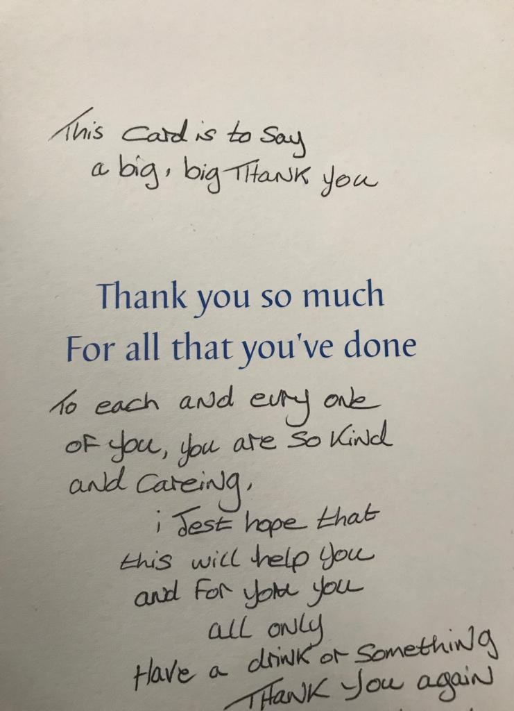 We’ve received a number of lovely thank you cards and notes from residents. So glad that everyone is enjoying the meals and the care bags and that we can be of help at this time