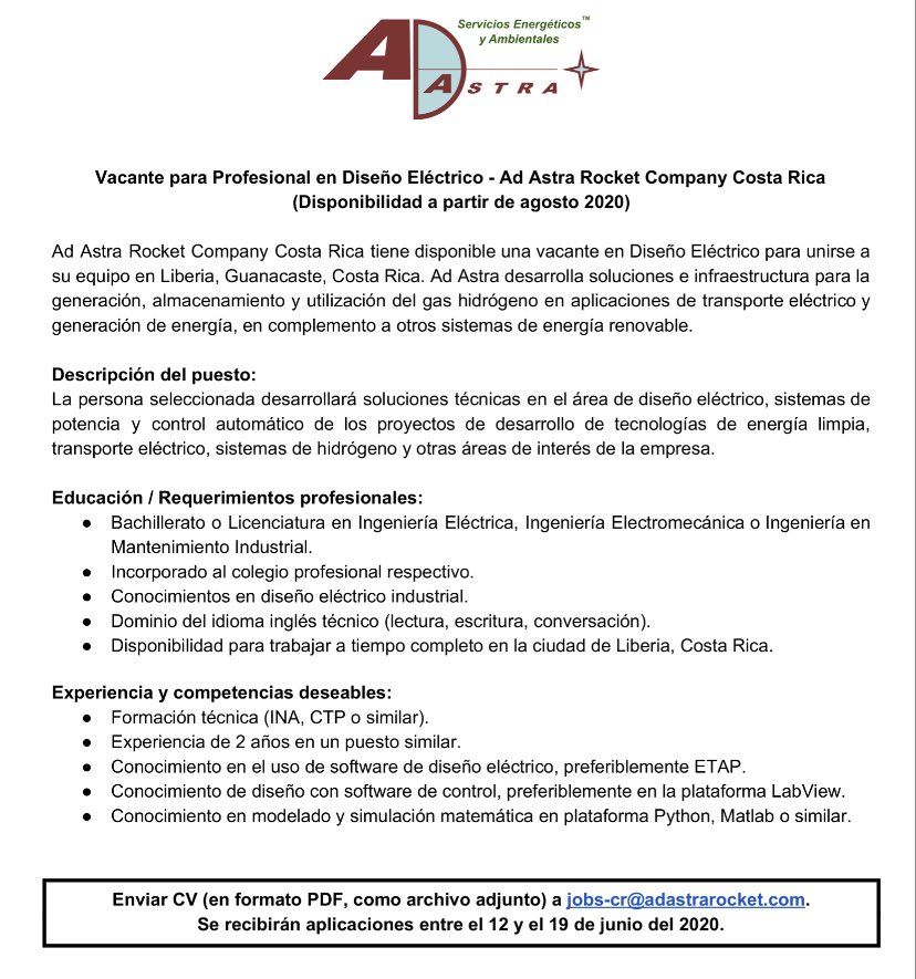 SWISE_CR's tweet image. Oportunidad increíble para aplicar a un puesto en AD Astra Rocket!!!Motivamos a todas las personas interesadas en el puesto a aplicar, especialmente si pertenecen a una minoría de género. Recuerda que hay más probabilidades de perder una oportunidad si no lo intentas!