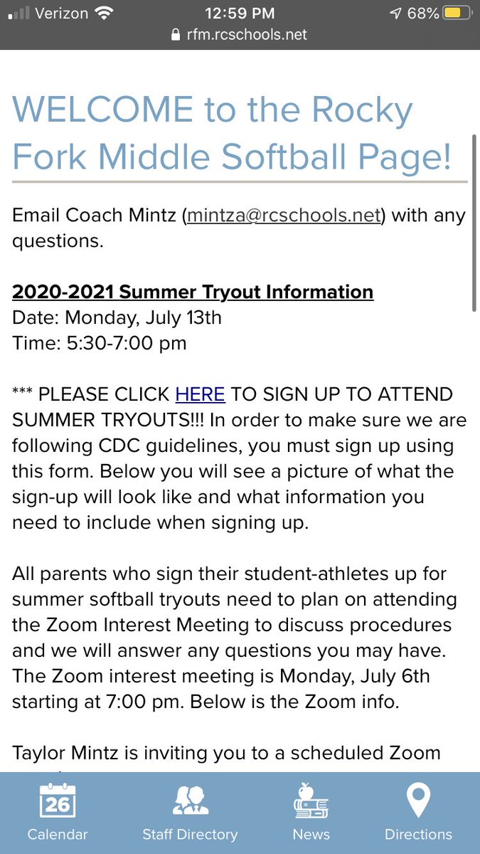 Rocky Fork Softball (@rfms_softball) on Twitter photo Hey everyone!!! There’s updated tryout information on the softball webpage. Email Coach Mintz (mintza@rcschools.net) with any questions. Hey everyone!!! There’s updated tryout information on the softball webpage. Email Coach Mintz (mintza@rcschools.net) with any questions.