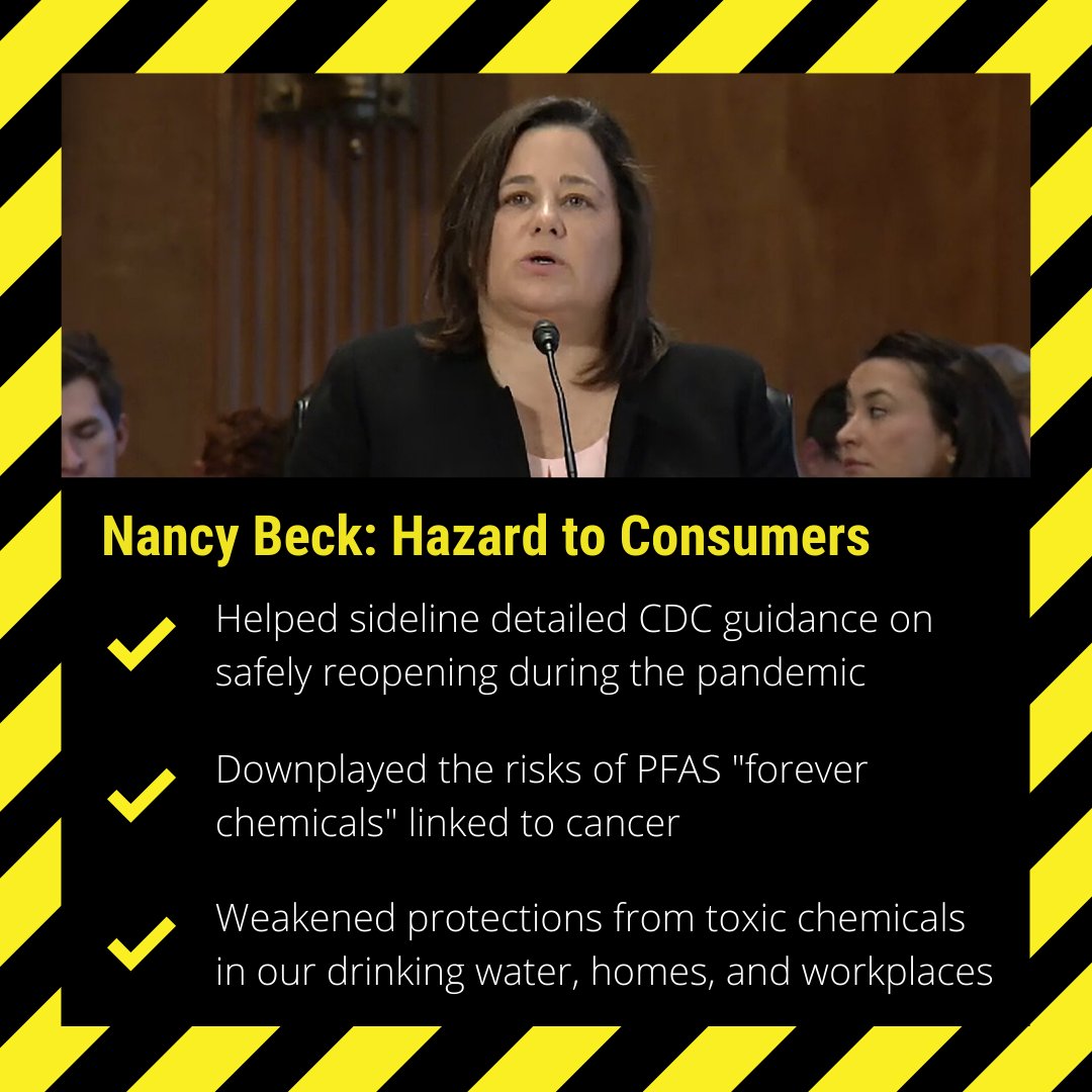ConnPIRG's tweet photo. Nancy Beck’s career has been focused on blocking or weakening health &amp; safety protections for toxic chemicals by overstating uncertainty, downplaying data accepted by mainstream science &amp; excluding evidence. That’s not the resume we need for the chair of the @USCPSC.
#BadNewsBeck https://t.co/UsJzzF6nPw