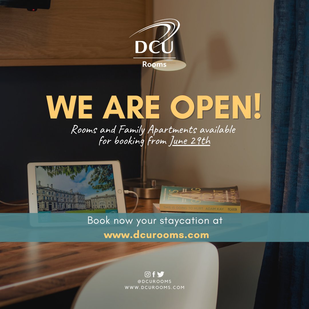We are delighted to announce that DCU Rooms will be reopening on Monday,  June 29th!

Book now your room or family apartment at dcurooms.com.

We cannot wait to welcome back all our guests soon 🤗

#keepdiscovering #lovindublin #discoverireland #visitdublin
<a href="/DCU/">Dublin City University</a>