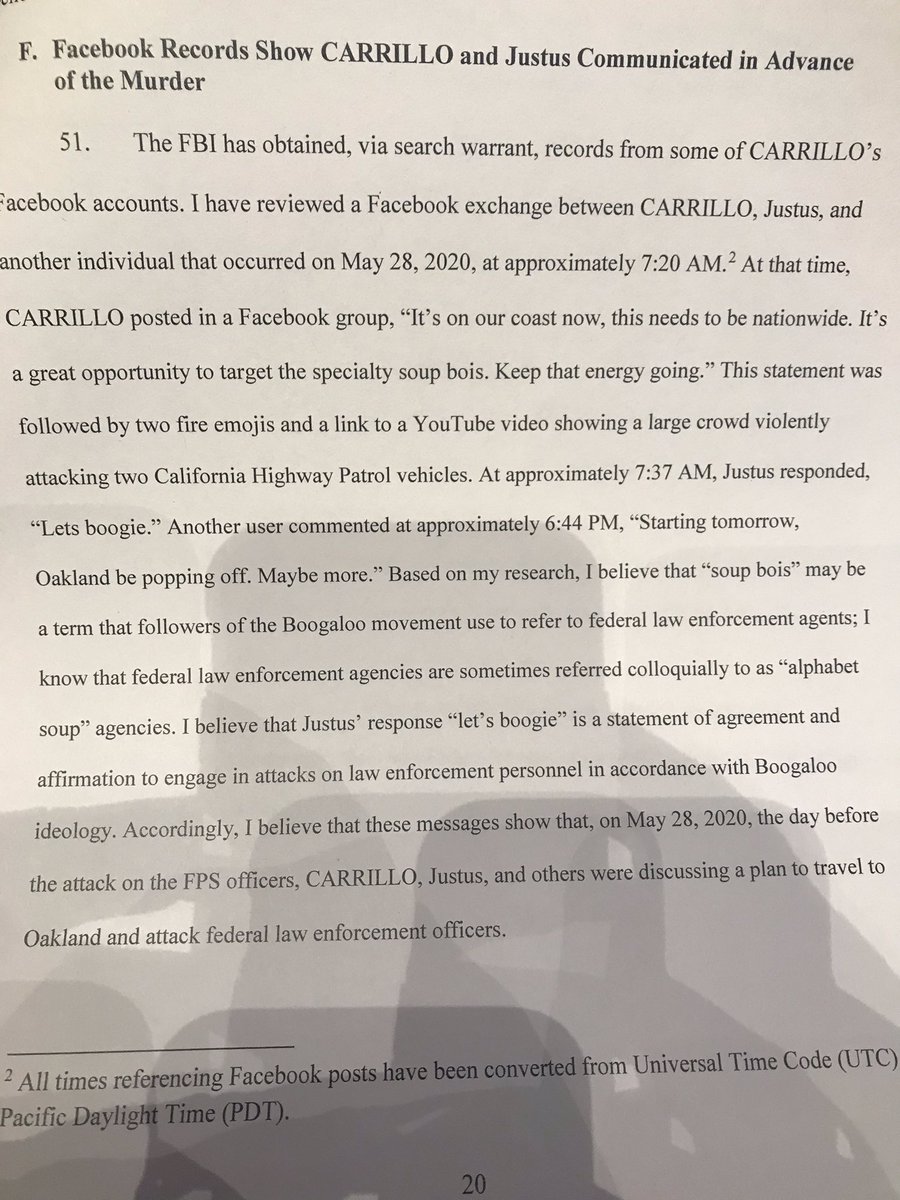 The FBI obtained Facebook messages between Carrillo & Justus and third individual the day before May 29 federal officer shooting, described violence to law enforcement & Boogaloo references  @sfchronicle