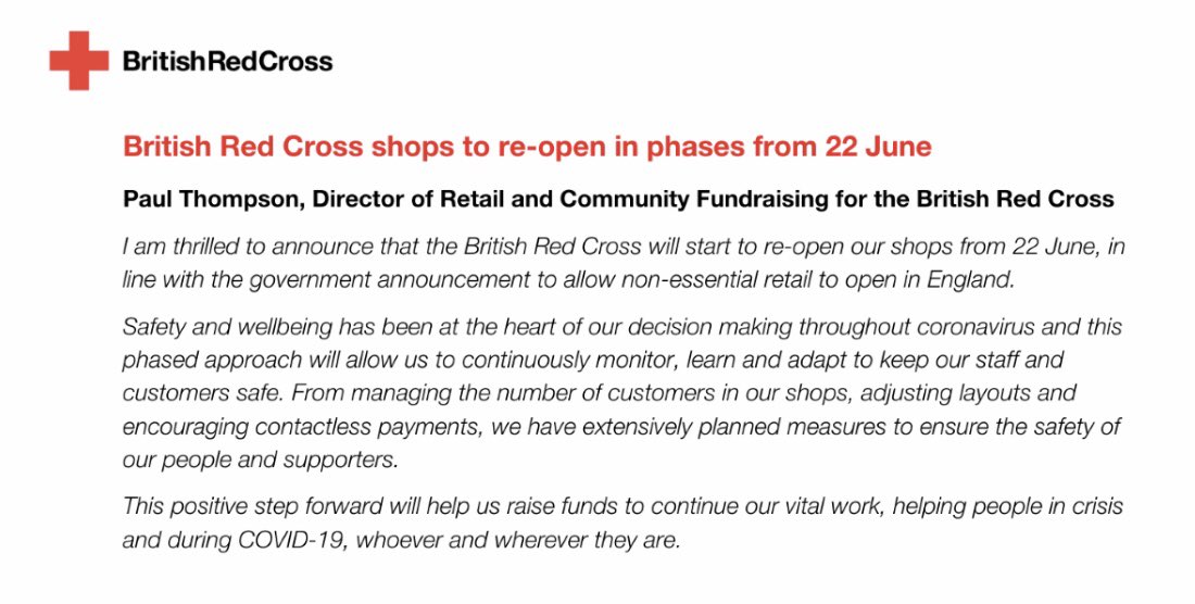 So very proud of the entire #Retail team <a href="/BritishRedCross/">British Red Cross 🧡</a> #Retail after weeks of planning to enable us a ‘safe &amp; CV-19 aware’ return to trading next week #CharityShops ... 🥇#RedCrossShops