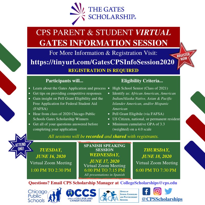 CPSScholarships's tweet photo. Our first Gates Scholarship Info Session has begun!! We are sorry that our session seems to be capped at 100 participants...this session is being recorded. Email me at Collegescholarships@cps.edu and we will be sure to get the replay link to you! https://t.co/6wNOcoUTva