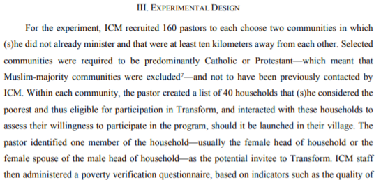 These statements don't really square upCommunities targeted as experimental and control groups were ones selected by the pastors specifically because they weren't already part of ICM's reach, so really what the authors did was facilitate expansion to 320 new communities