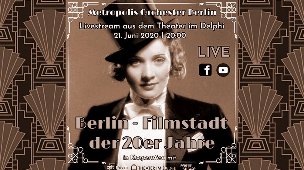 21. Juni 2020, 20:00
Eine Goldene TV SHOW-Revue LIVE aus dem Theater im Delphi, präsentiert von Else Edelstahl und Arne Krasting mit dem Metropolis Orchester Berlin und Gästen. 
#Livestream: youtube.com/theaterimdelphi

#silentfilm #20er #marlenedietrich #20erjahre #stummfilmkino