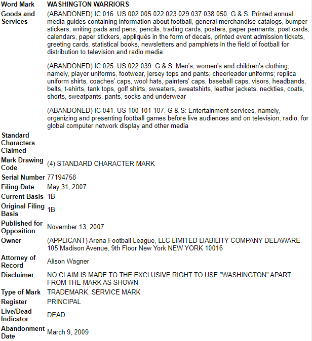 That previous trademark was considered 'abandoned' in 2004, and then in 2007 the 'Arena Football League NYC' trademarked the Washington Warriors name for 'general merchandise' including clothes, but crucially also for 'presenting football games before live audiences'