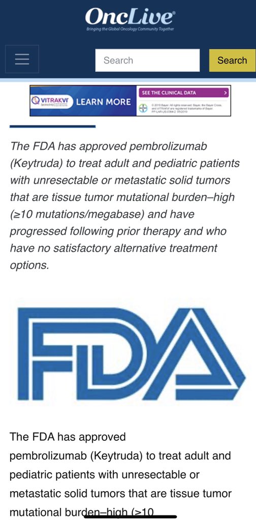Fantastic news. Pembrolizumab approval by FDA today for any TMB high tumor ( &gt;/= 10 mutations/ MB) is a very welcome step for our patients with disease patients progression on prior Rx regardless of histology. <a href="/VivekSubbiah/">Vivek Subbiah, MD</a> <a href="/montypal/">Sumanta K. Pal, MD, FASCO</a> <a href="/DrChoueiri/">Toni Choueiri, MD</a>