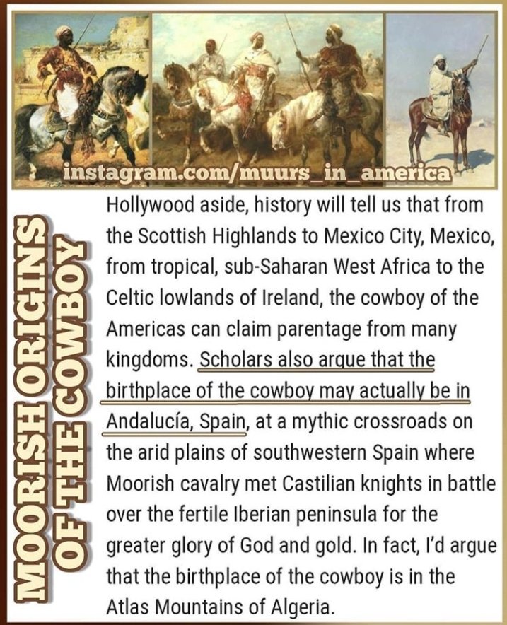 Speaking of tehas/texas it is and was known that the cowboys are moorish in origin so much so that the texas long horn is the andalusian cattle. The dark skinned moors who traveled from Iberia to the americas are our ancestors  @LilNasX cowboys are probably in your Gene pool