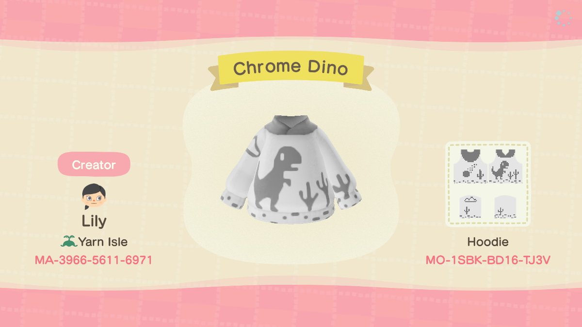 Yarn_Isle's tweet image. The Chrome Dino in hoodie form! Dark theme option available. 🦖 
#AnimalCrossing #AnimalCrossingNewHorizons #ACNHDesign #ACNHDesigns #ACNH