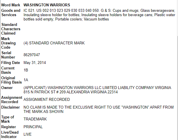 That Arena football league trademark was also considered abandoned in 2009.Fast forward to May 2014 when a company called 'Washington Warriors LLC' started filing trademarks.This 'company' registered the trademarks to a unmarked apartment building in Alexandria;